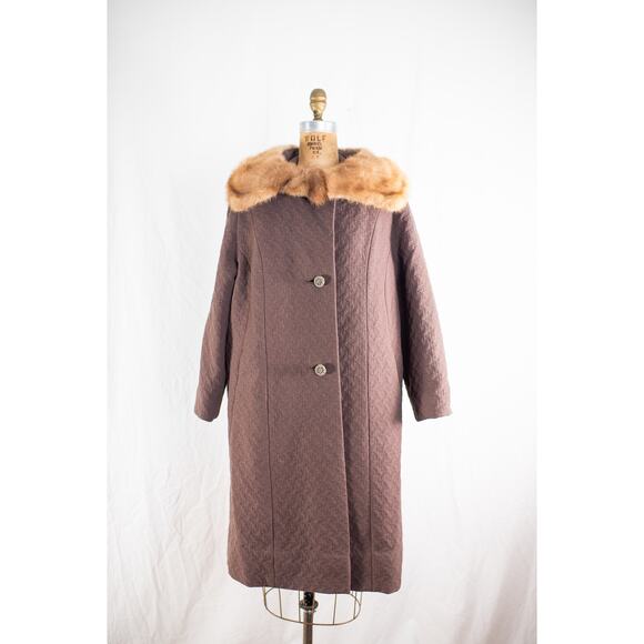 Vintage 60s Brown Wool Overcoat, Textured Coat Mink Fur Collar Glam Old Money, M - Picture 3 of 11